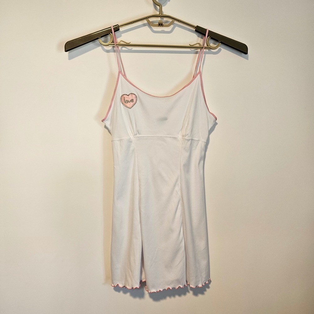 Vintage Y2K Mini Dress Medium White‎ Pink Lettuce Hem Babydoll Tennis Prep